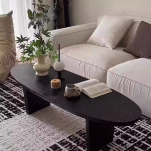 Mid Century Black Oval Solid Wood Coffee Table